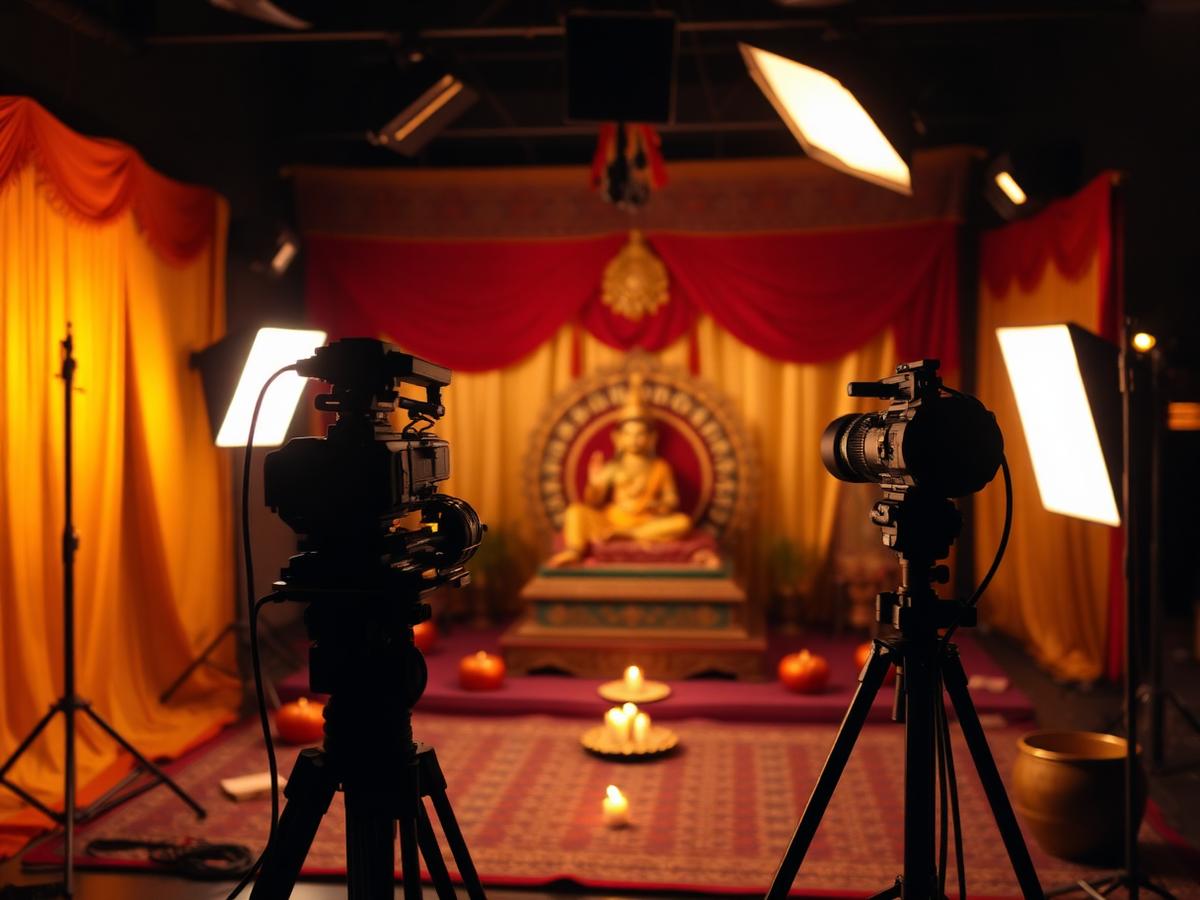 Devotional and astrology video shoot set with warm gold lighting