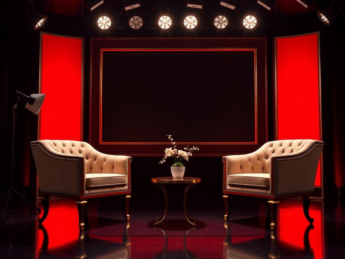 Luxury interview set with dual chairs and red backlight — Sri Vairaa Studio Chennai