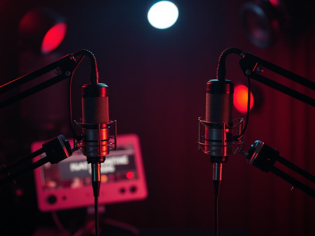 Professional podcast microphone setup with cinematic red lighting