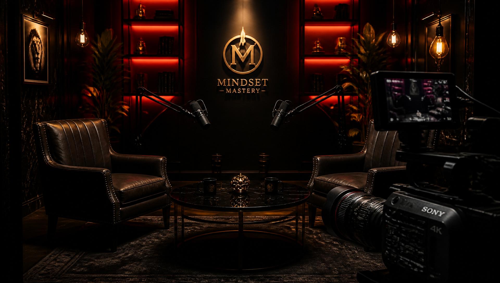 Premium podcast studio interior in Chennai with Sony 4K camera, dual microphones and cinematic lighting
